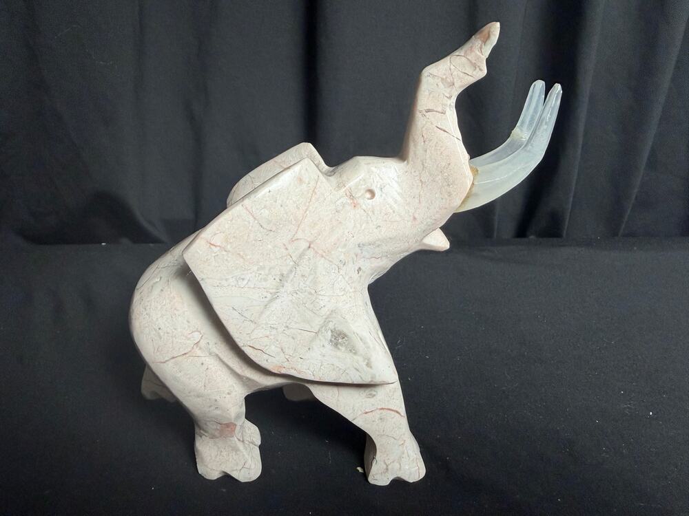 Vintage Hand Carved Marble Stone Elephant Statue Trunk Up Good Luck Figurine